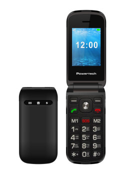 POWERTECH κινητό τηλέφωνο Milly Flip, 2.4", dual SIM, πλήκτρο SOS, μαύρο
